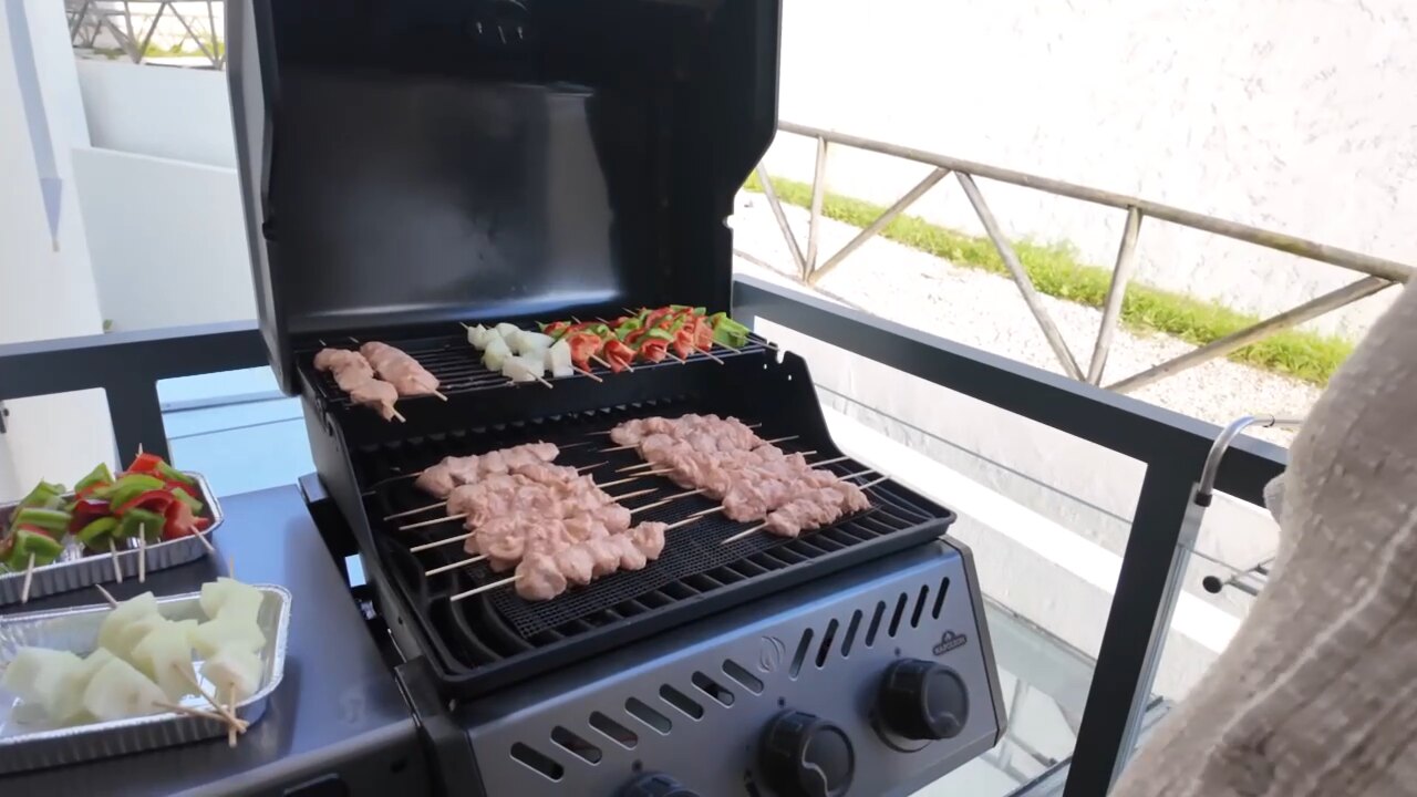 Chicken and vegetable skewers on the terrace grill